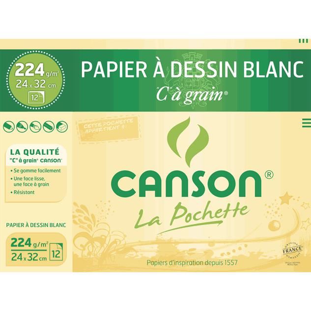 Canson - Pochette Papier Dessin C A Grain - 24 X 32 Cm - 224g - 12 Feuilles - Blanc