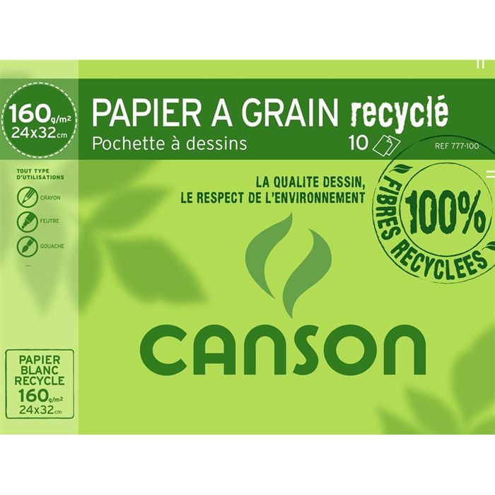 Canson - Pochette Papier Dessin C A Grain - 24 X 32 Cm - 160g - 10 Feuilles - Blanc Recycle