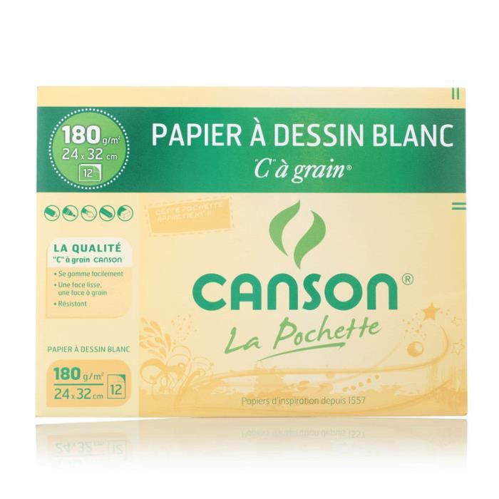 Canson Pochette Papier Dessin C A Grain - 24 X 32 Cm - 180g - 12 Feuilles - Blanc