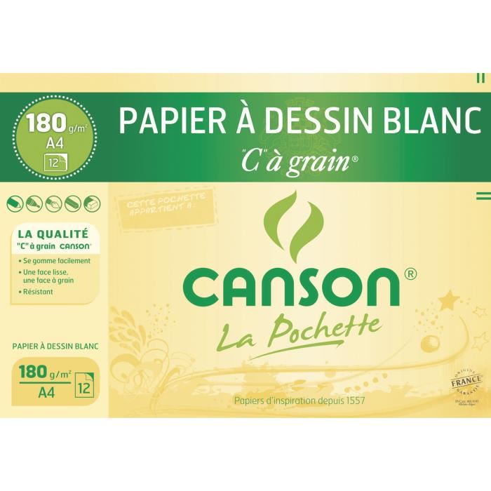 Canson Pochette Papier Dessin C A Grain - 21 X 29,7 Cm - 180g - 12 Feuilles - Blanc