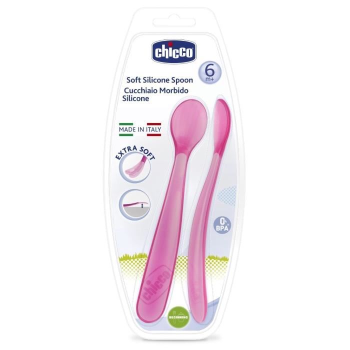 Chicco Mes Premieres Cuilleres Souples Bout Silicone Rose +6m 2 Unites