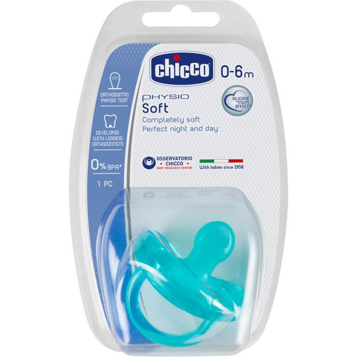 CHICCO Sucette Physio Soft tout silicone x1 Bleu 0 6m