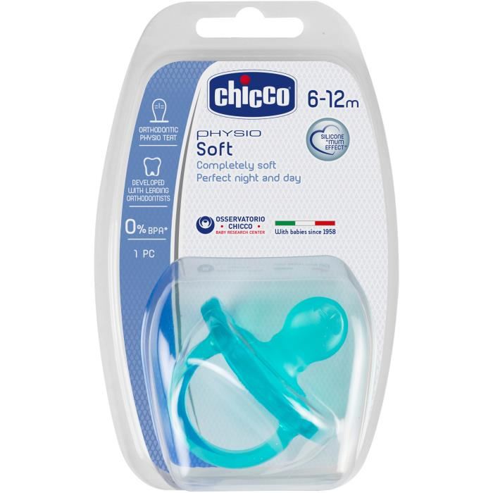CHICCO Sucette Physio Soft tout silicone x1 Bleu 6 12m