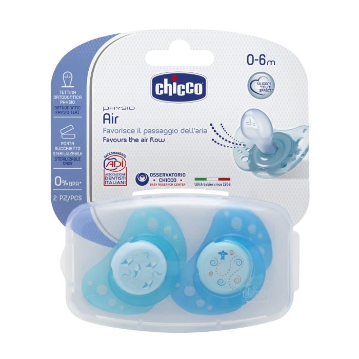 CHICCO Sucettes Physio Air Silicone Boite sterilisable x2 Bleu 0 6m