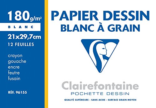 CLAIREFONTAINE - Pochette dessin - Papier a grain P.E.F.C - 21 x 29,7 - 12 feuilles - 180G - Couleur blanche