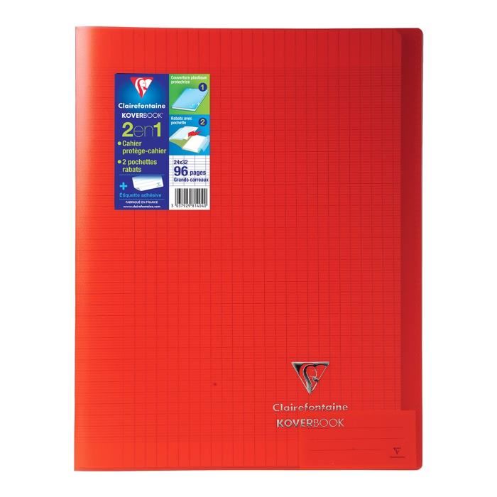 Clairefontaine - Cahier Piqure Koverbook - 24 X 32 - 96 Pages Seyes - Couverture Polypro Translucide - Rouge