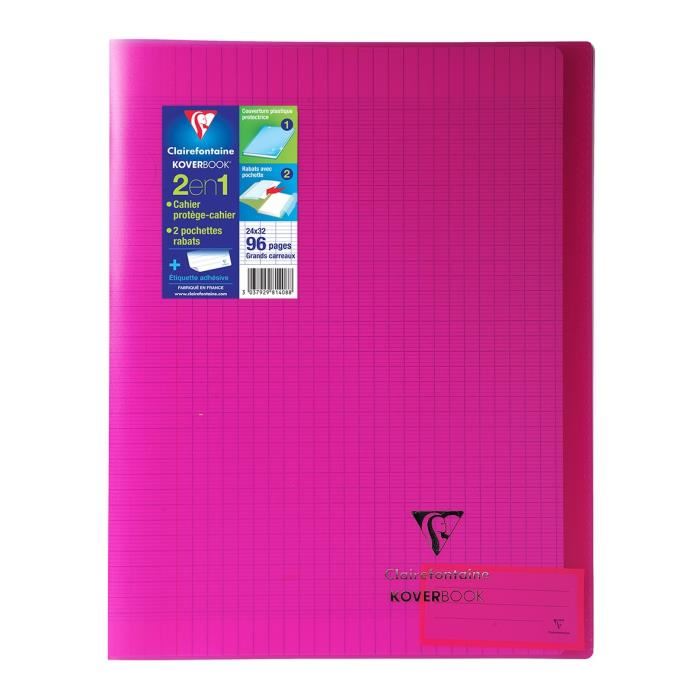 Clairefontaine - Cahier Piqure Koverbook - 24 X 32 - 96 Pages Seyes - Couverture Polypro Translucide - Rose