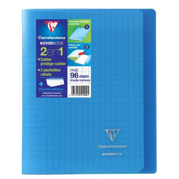 Clairefontaine Cahier Piqure Koverbook 17 X 22 96 Pages Seyes Couverture Polypro Translucide Couleur Bleue