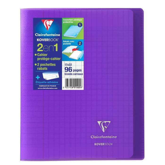 Cahier Koverbook Violet 17x22cm 96 pages a grands carreaux - Clairefontaine