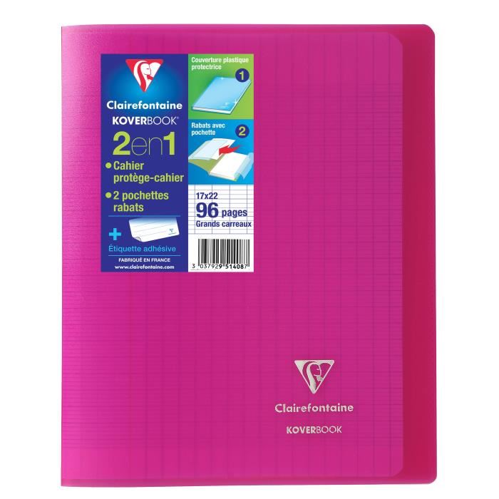 Cahier Koverbook Rose 17x22cm 96 pages a grands carreaux - Clairefontaine