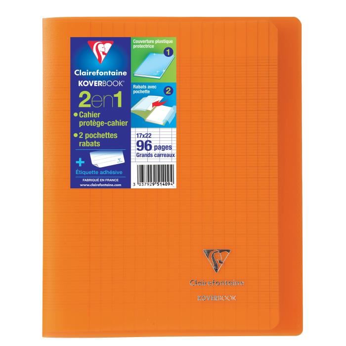 Clairefontaine - Cahier Piqure Koverbook - 17 X 22 - 96 Pages Seyes - Couverture Polypro Translucide - Couleur Orange