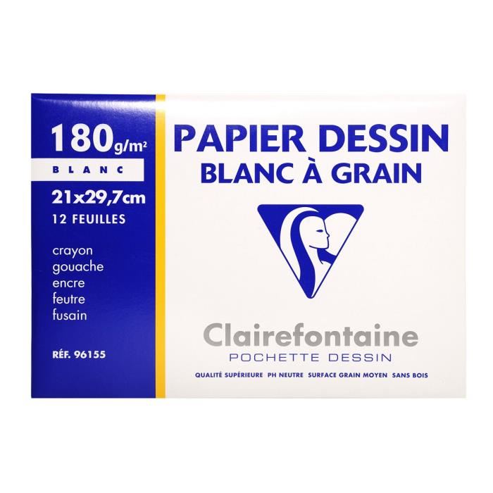 Clairefontaine - Pochette Dessin - Papier A Grain P.e.f.c - 21 X 297 - 12 Feuilles - 180g - Couleur Blanche