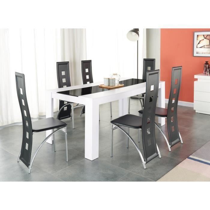 DAMIA Ensemble table a manger 6 a 8 personnes + 6 chaises contemporain blanc et verre trempe noir - L 180 x l 90 cm