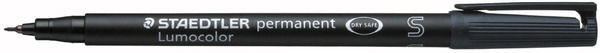 Feutre Lumocolor permanent 0,4mm noir. Feutre universel permanent pour la retroprojection et la plupart des surfaces, encre permanente dry safe permettant de laisser decapuchonne plusieurs jours sans secher (ISO 554), ne bave pas, quasi inodore, resistan