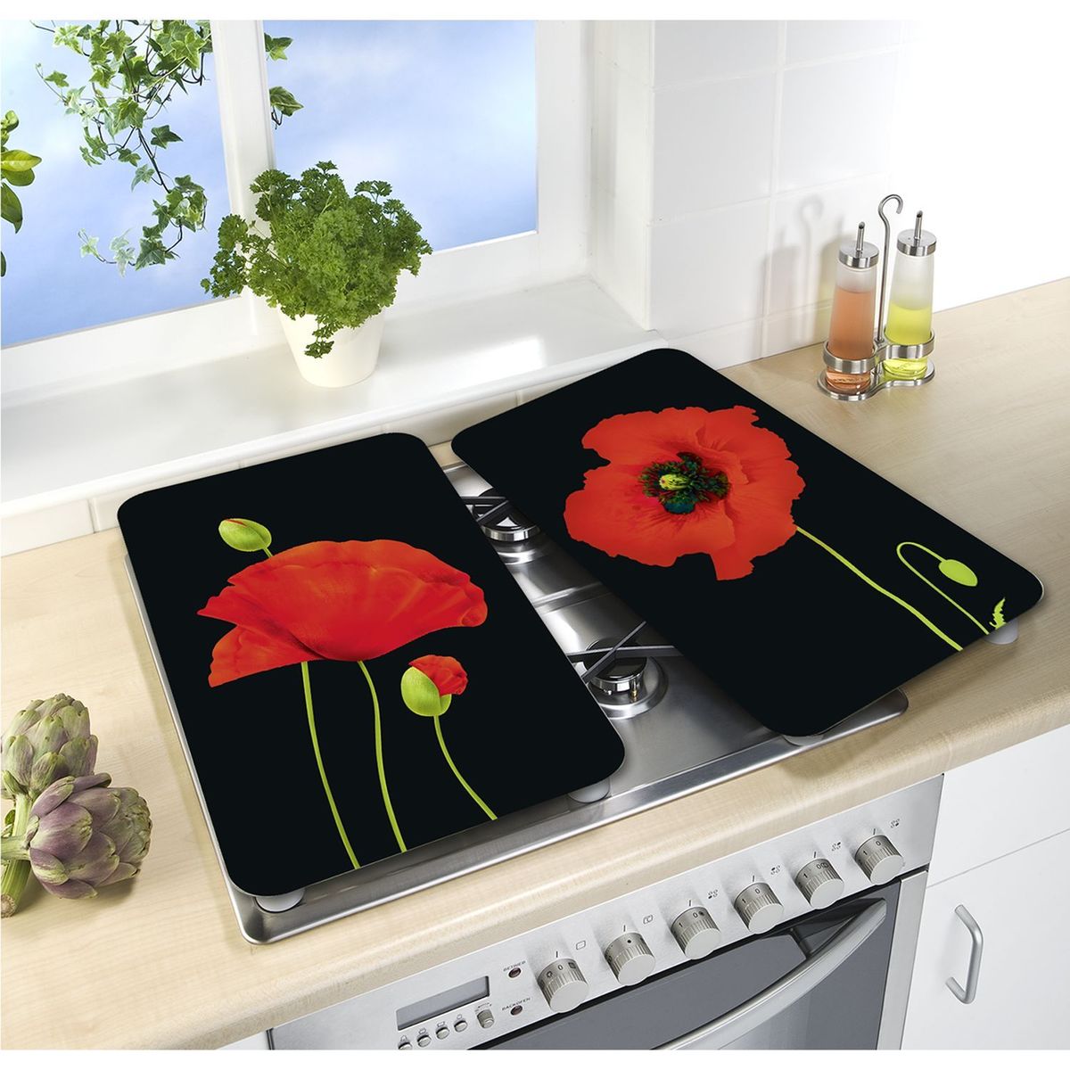 Protection Plaque De Cuisson En Verre - Wenko - Coquelicot - Lot De 2 - 30x52 Cm - Verre Trempe Antiderapant