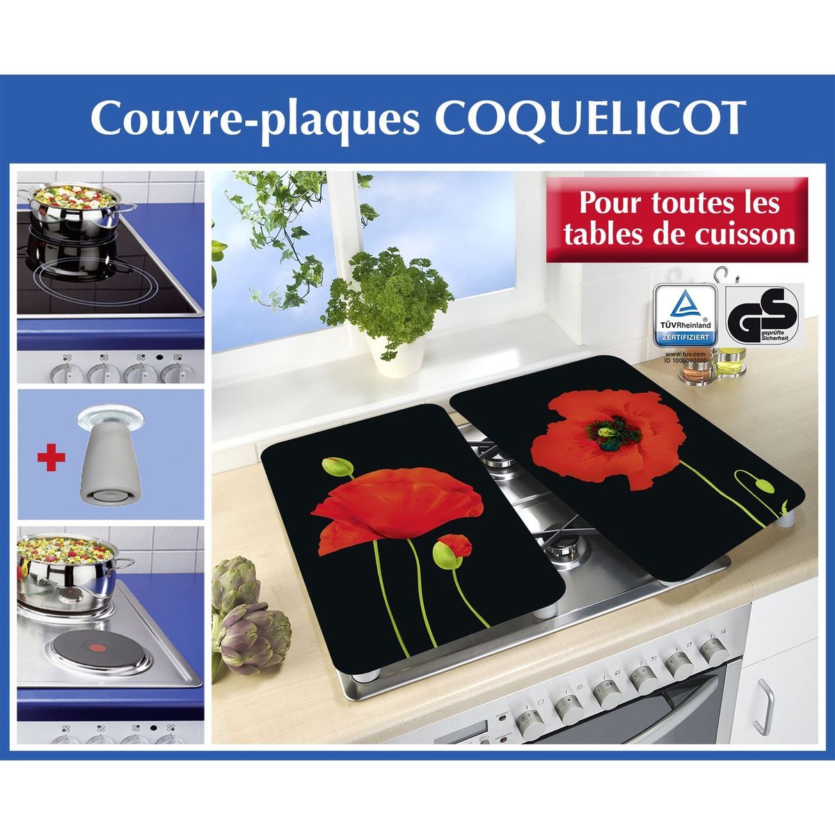 Protection Plaque De Cuisson En Verre - Wenko - Coquelicot - Lot De 2 - 30x52 Cm - Verre Trempe Antiderapant