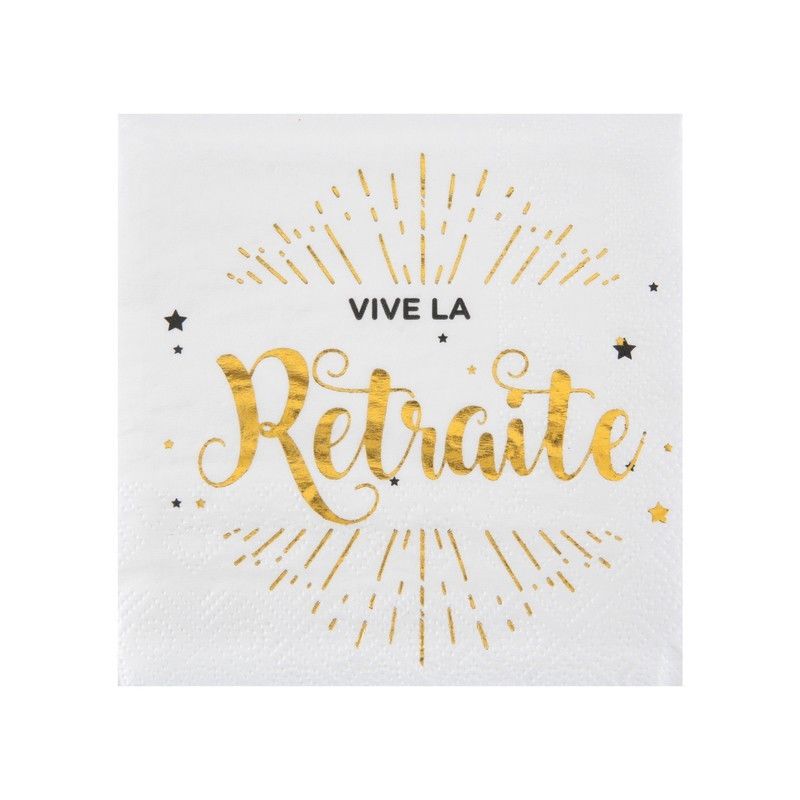 20 Petites serviettes en papier Vive la Retraite blanc et dore 25 x 25 cm Taille Unique