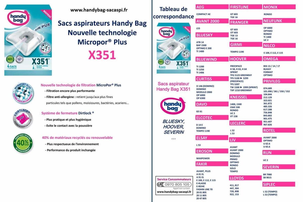 Sacs Aspirateurs Handy Baga® X351a® Bluesky Hoover Severin Haute Filtration