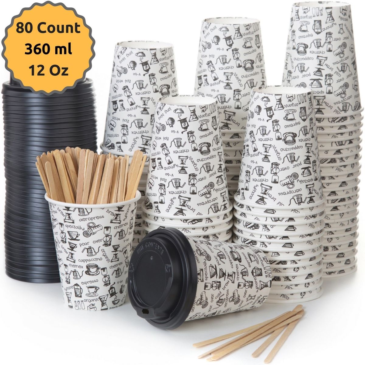 80 Gobelets Carton Pour Cafe A Emporter - Tasse Cafe 360ml Avec Couvercles Et Ag