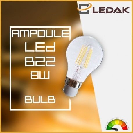 Ampoule Led 8W (55W) B22 Filament Bulb claire Blanc chaud 2700°K