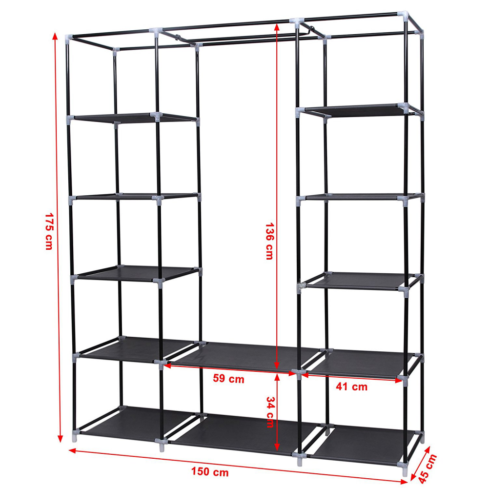 Songmics Armoire De Chambre En Tissu Avec Housse Garde-robe 45 X 150 X 175 Cm 12 Compartiments Cadre En Metal Chambre Noir