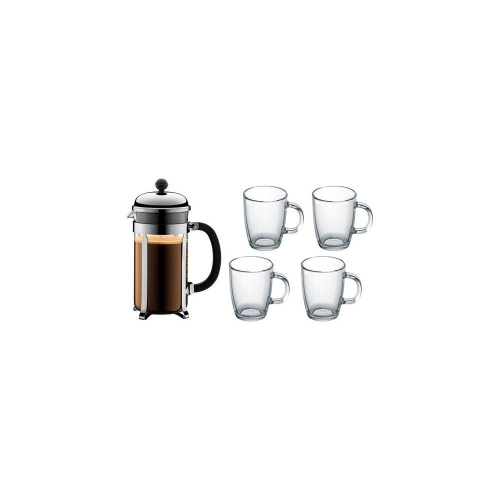 Bodum Cafetiere A Piston 8 Tasses Chromee & Noire - Chambord + 4 Mugs 35 Cl