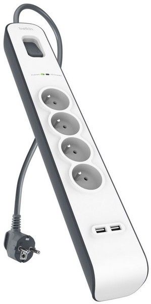 Multiprise Parafoudre Belkin - 4 Prises Et 2 Ports Usb2.0 - 525 Joules De Protection