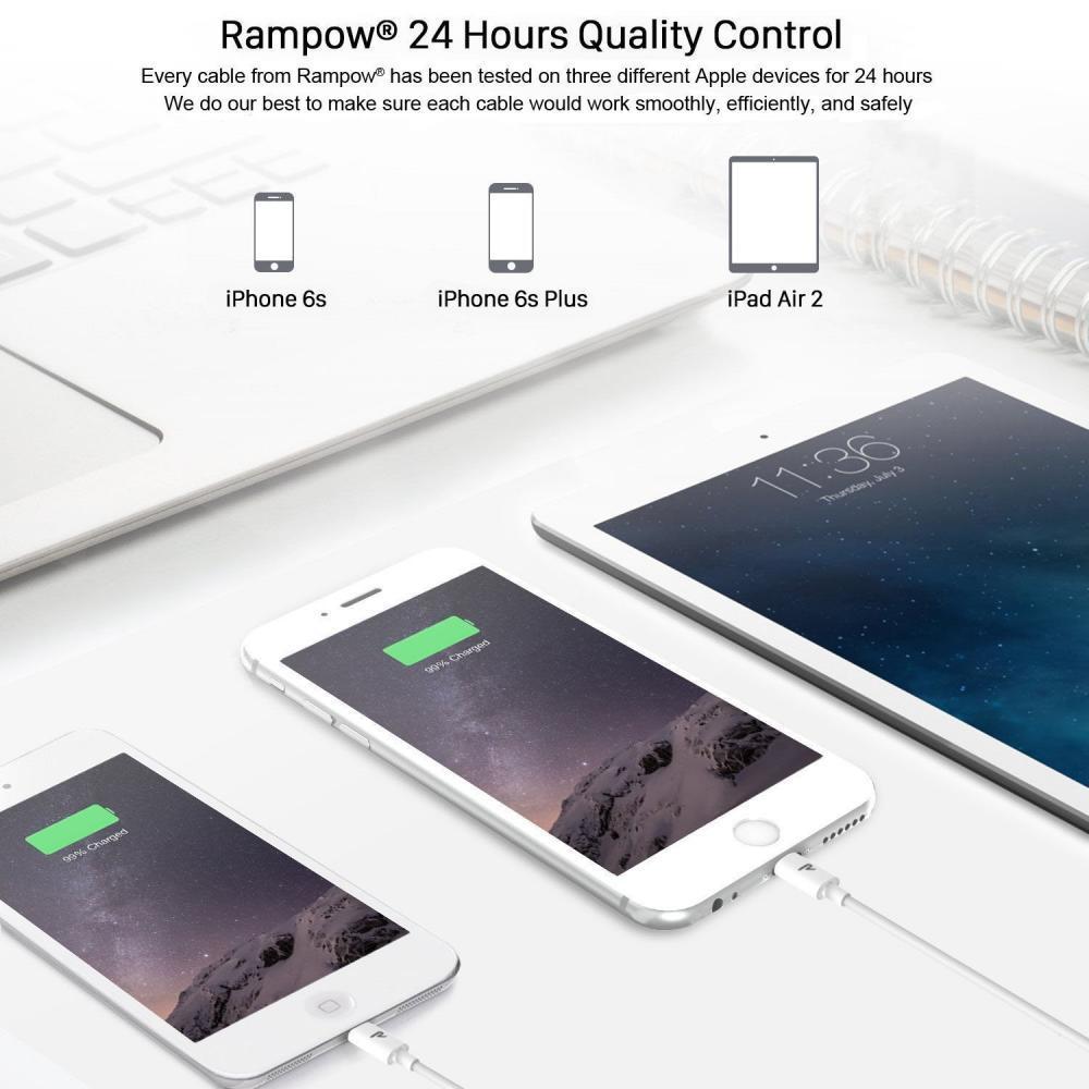 Rampow Cable Lightning Avec Connecteur Ultra Resistant En Aluminium Blanc 1m33ft