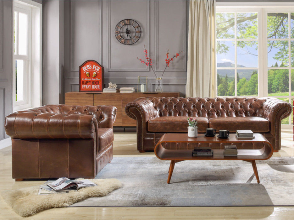 Canape 2 Places Chesterfield En Cuir Vieilli Clotaire Marron Style Classique Confort Moelleux