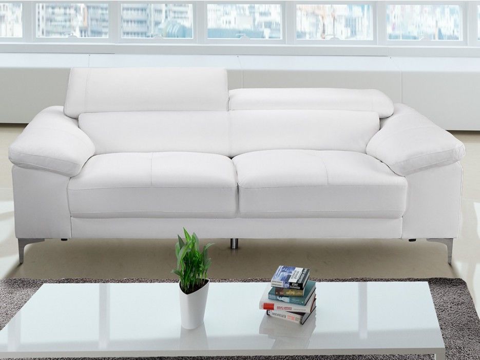 Canape 2 Places En Cuir Solange Blanc Style Contemporain Tetieres Relax Multipositions