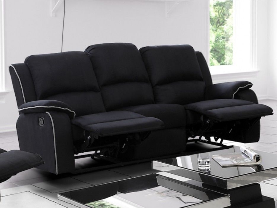 Canape 3 Places Relax En Microfibre Hernani Noir Classique Tissu Relaxation Moelleux