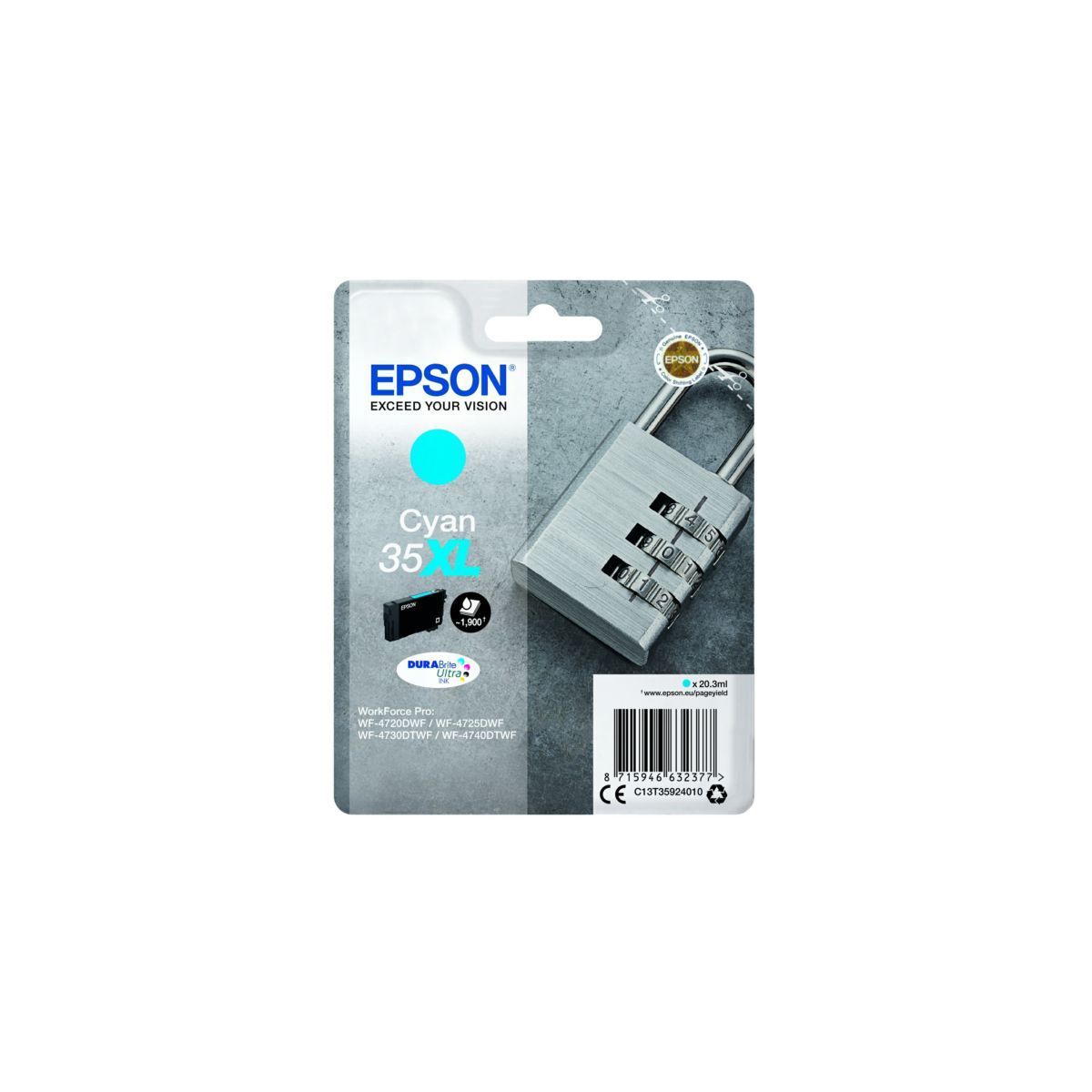 Epson 35XL - 20.3 ml - XL - cyan - originale - emballage coque avec alarme radioelectrique/ acoustique - cartouche d'encre - pour WorkForce Pro WF-4720, WF-4720DWF, WF-4725DWF, WF-4730, WF-4740, WF-4740DTWF