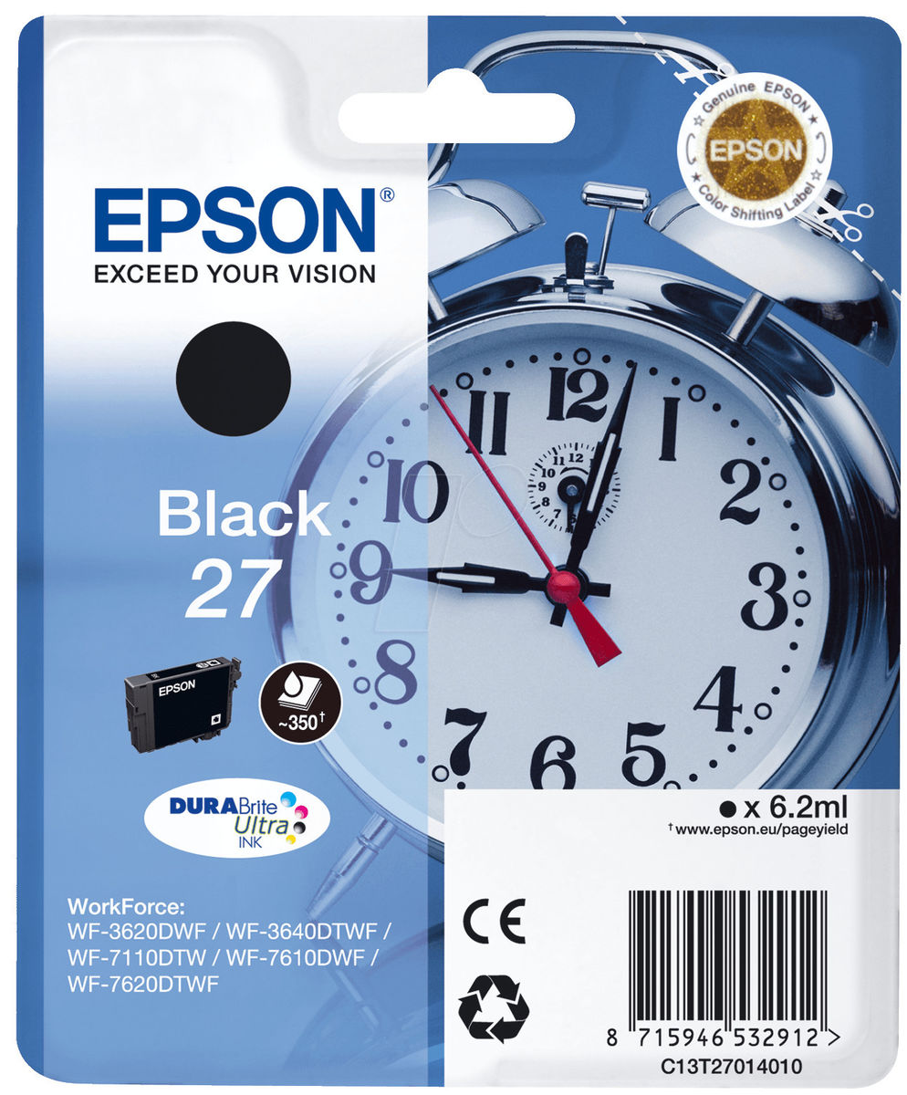 Epson D'origine Epson Workforce Wf-3620 Dwf Cartouche D'encre (27 / C 13 T 27014010) Noir, 350 Pages, 3,99 Centimes Par Page, Contenu: 6 Ml