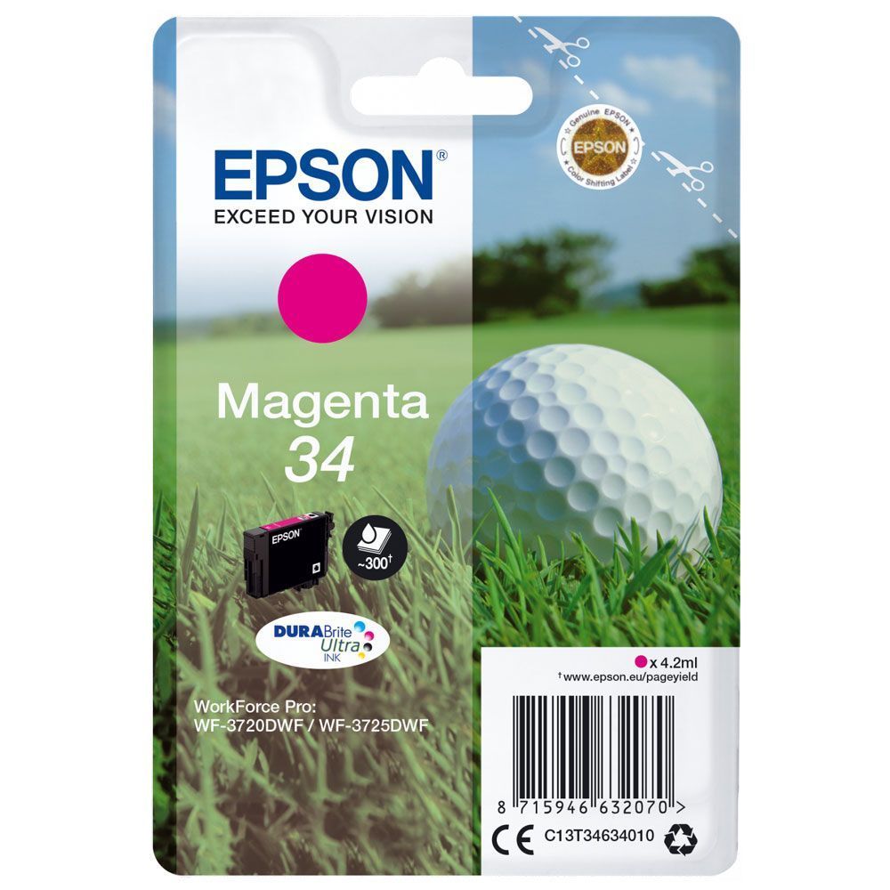 Epson D'origine Epson Workforce Pro Wf-3700 Series Cartouche D'encre (34 / C 13 T 34634010) Magenta, 300 Pages, 3,16 Centimes Par Page, Contenu: 4 Ml