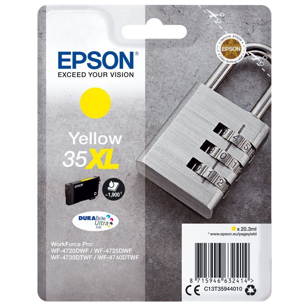 Epson Padlock Singlepack Yellow 35xl Durabrite Ultra Ink, Rendement Eleve (xl), Encre A Pigments, 20,3 Ml, 1900 Pages, 1 Piece(s) C13t35944010