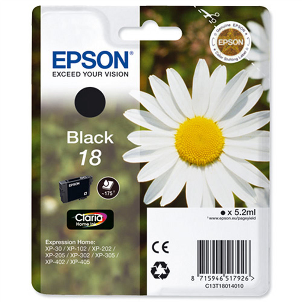 Epson D'origine Epson Expression Home XP-210 Series cartouche d'encre (18 / C 13 T 18014010) noir, 175 pages, 5,25 centimes par page, contenu: 5 ml