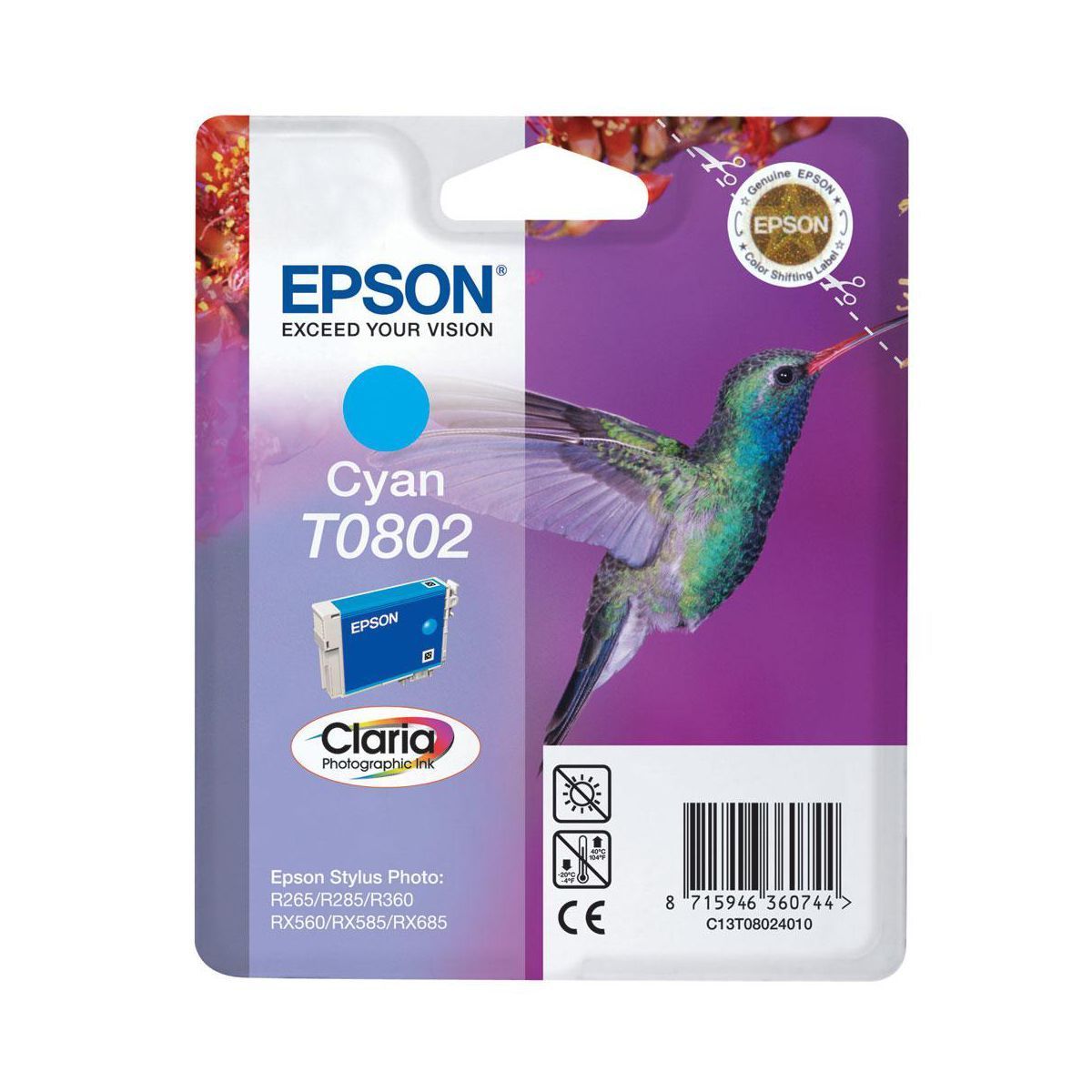Epson D'origine Epson Stylus Photo R 285 cartouche d'encre (T0802 / C 13 T 08024021) cyan, 220 pages, 5,64 centimes par page, contenu: 7 ml