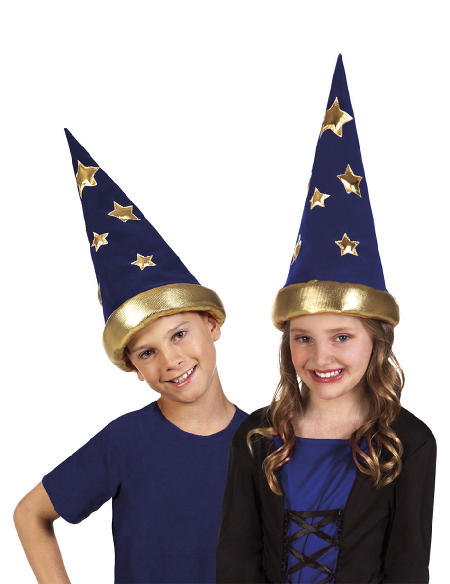 Chapeau De Magicien Enfant - Conte De Fee - Bleu Nuit - Étoiles Dorees - Taille Enfant