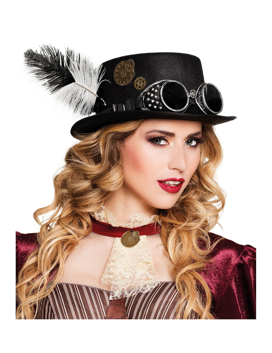 Chapeau Steampunk Femme Blanc - Generique - Avec Plumes Rouages Et Lunettes - Noir