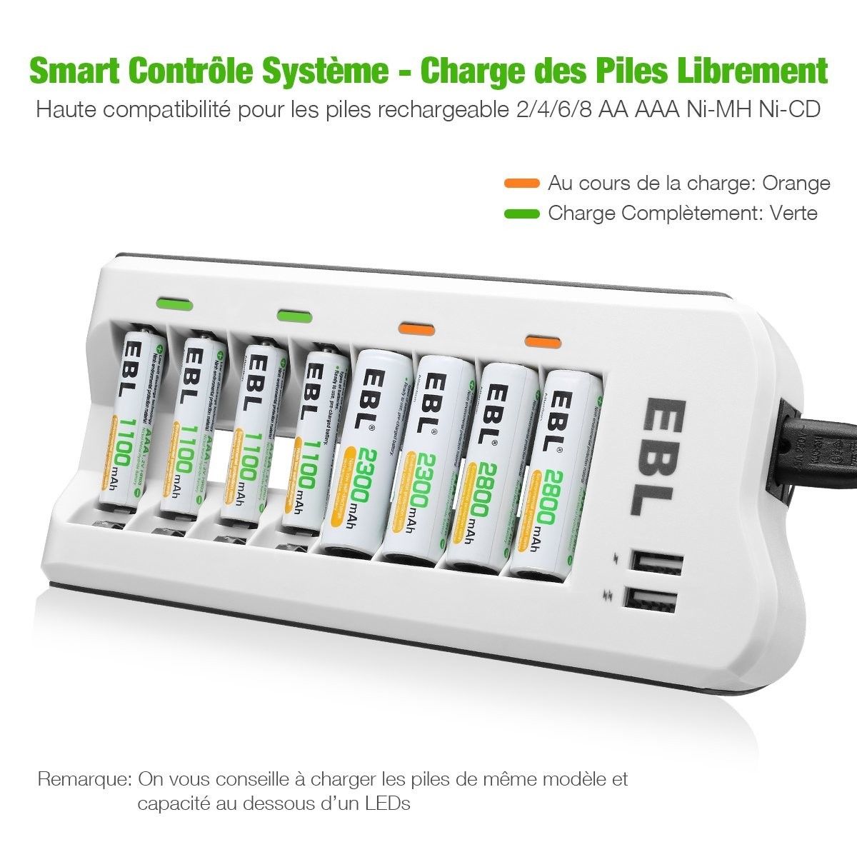 EBL Chargeur de Piles AA/AAA/Ni-Cd/Ni-MH Rechargeable Rapide 8 Slots avec 2 USB 