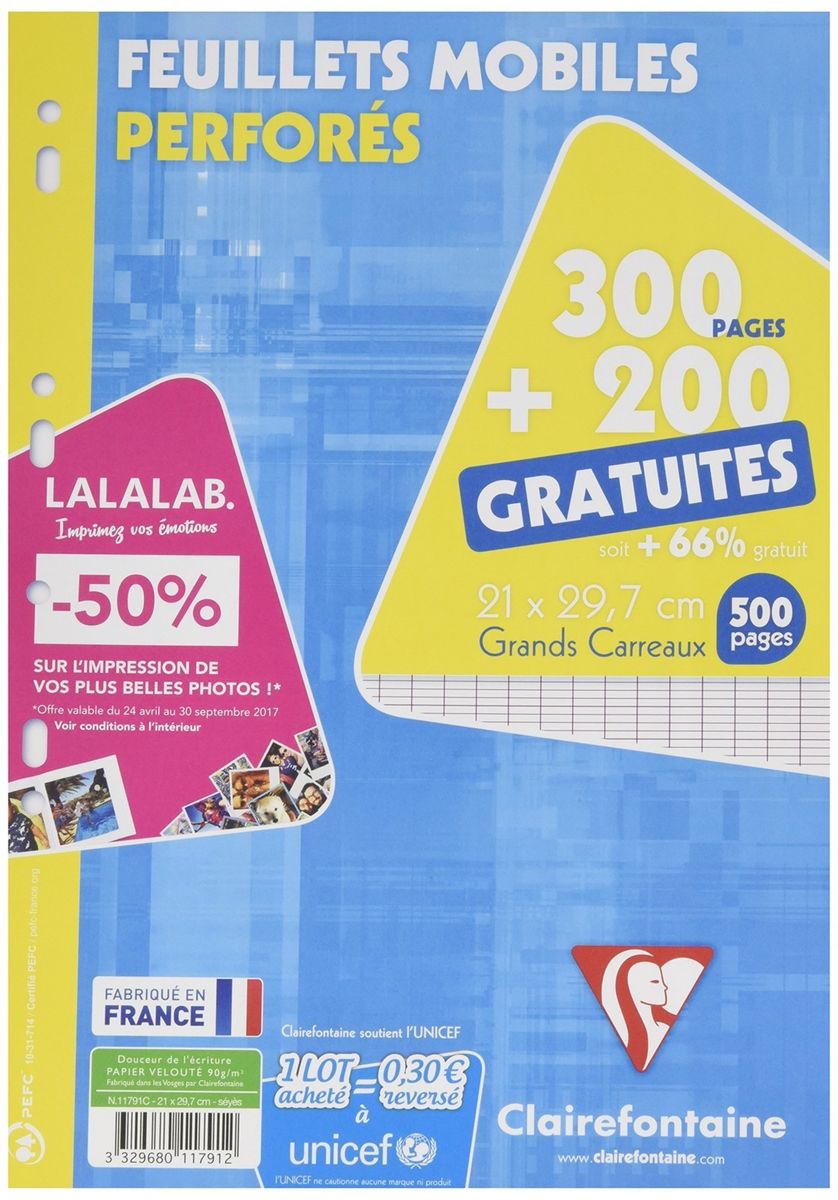 Feuillets mobiles perfores Clairefontaine A4 Grands carreaux Blanc - 250 Feuilles