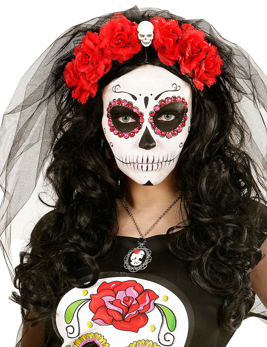 Coiffe Fleurs Rouges Avec Tete De Mort Femme Dia De Los Muertos - Accessoire De Deguisement