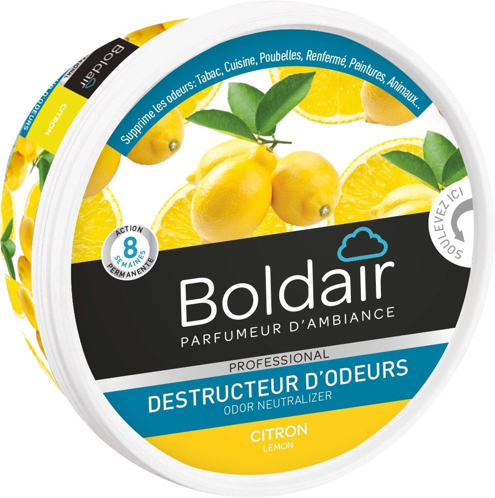 Boldair - Gel Destructeur D'odeur Citron - Neutralise Les Odeurs - Parfume - Duree 8 Semaines - 300g - Fabrication Francaise