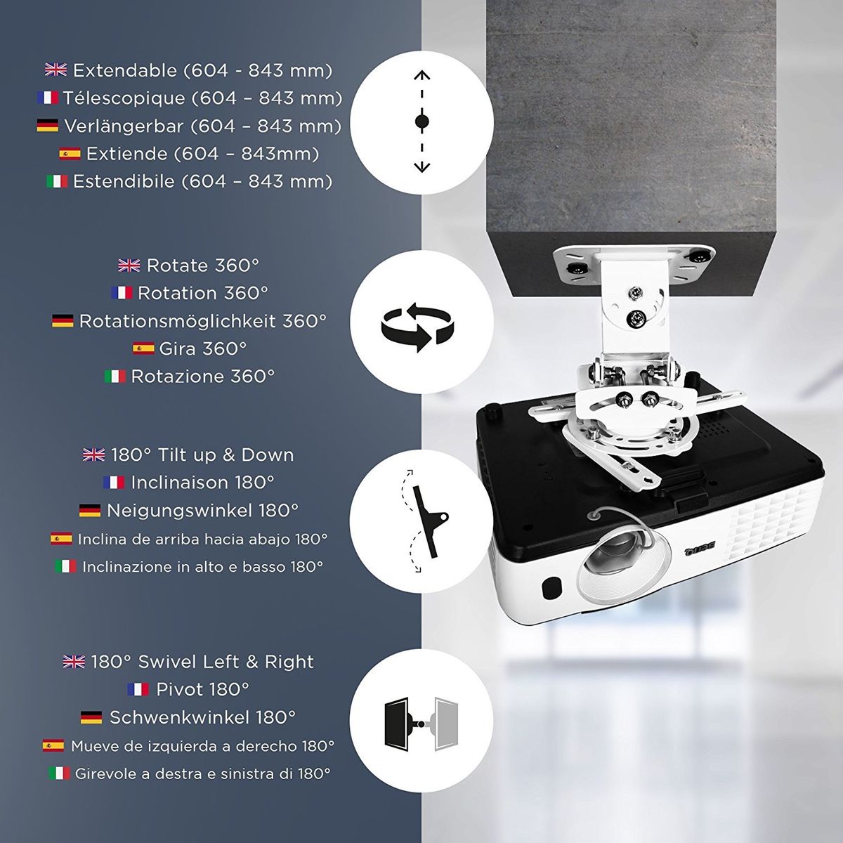 Duronic Pb05xb Support Pour Videoprojecteur Plafond Rotatif 360° Inclinable 30° Et Pivotable 20° Charge Maximale 136 Kg Ideal Pour