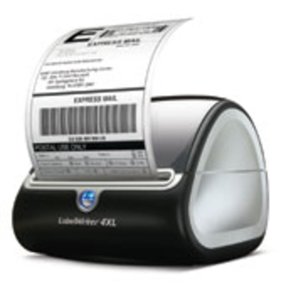 Imprimante d'etiquettes Labelwriter 4XL de Dymo. Imprimez des etiquettes jusqu'a 10 cm de largeur : y compris des etiquettes d'envoi en grand nombre, a code-barres et d'identification. Compacte, elle s'adapte a pratiquement tout espace de travail ou bure