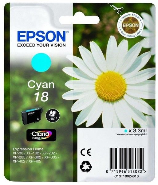 Epson D'origine Epson Expression Home XP-300 Series cartouche d'encre (18 / C 13 T 18024012) cyan, 180 pages, 4,04 centimes par page, contenu: 3 ml