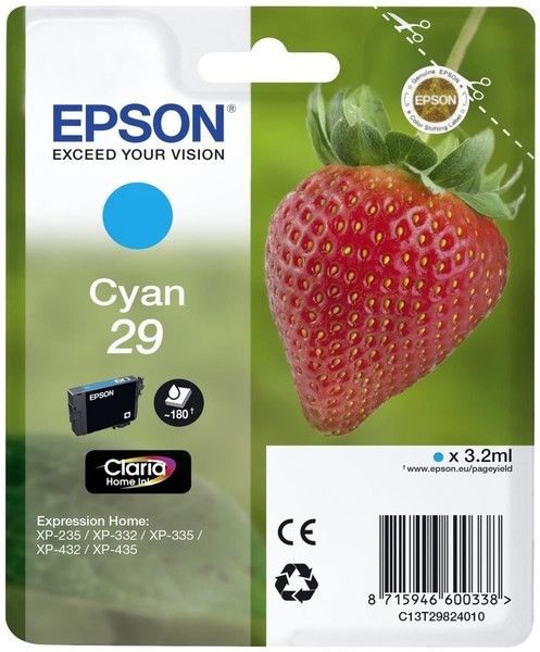 Epson D'origine Epson Expression Home XP-240 Series cartouche d'encre (29 / C 13 T 29824022) cyan, 180 pages, 4,7 centimes par page, contenu: 3 ml