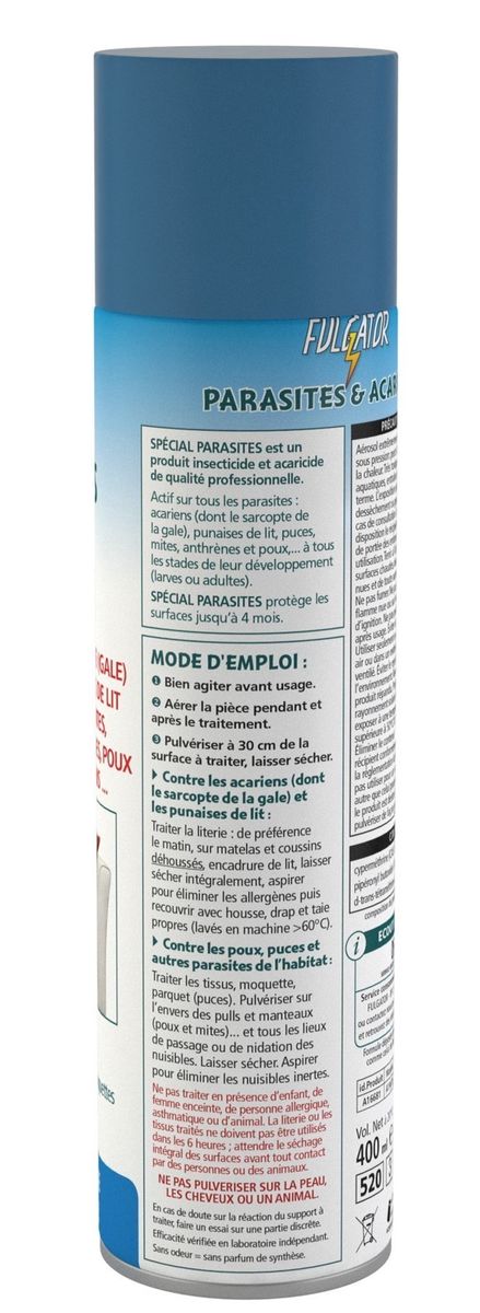 Fulgator - Insecticide Special Parasites Actif Sur Gale Acariens Punaises De Lit Poux Puces Mites... Sans Odeur - 400 Ml