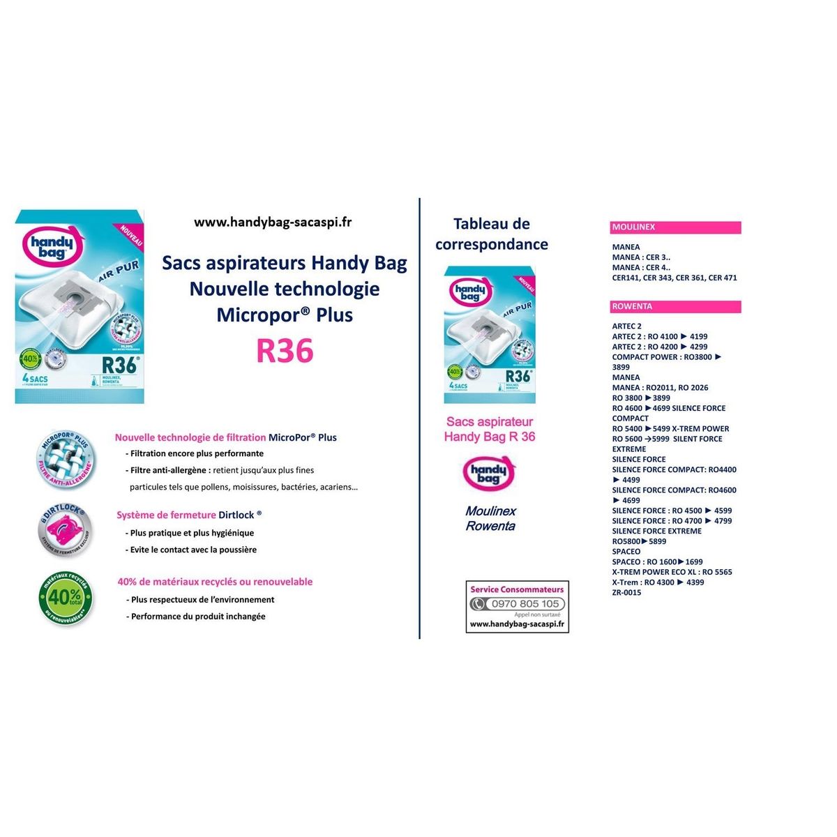 Sacs Aspirateurs Handy Bag® R36® - Moulinex Rowenta - 4 Sacs