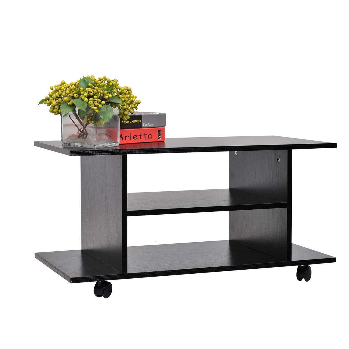 Meuble Tv Homcom Table Basse A Roulettes En Panneaux De Particules Noir Contemporain Aspect Bois